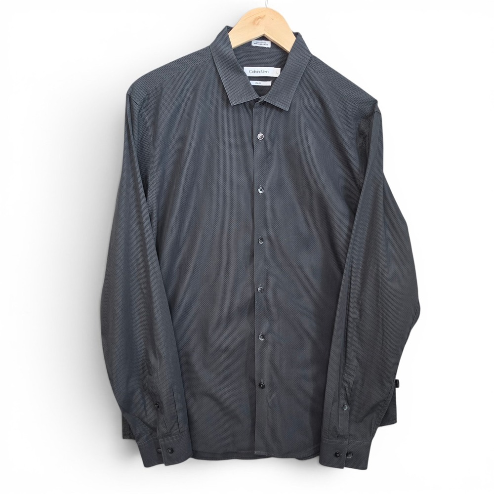 Calvin Klein Shirt Mens Large Gray Button Up Slim Fit Cotton Long Sleeve Career